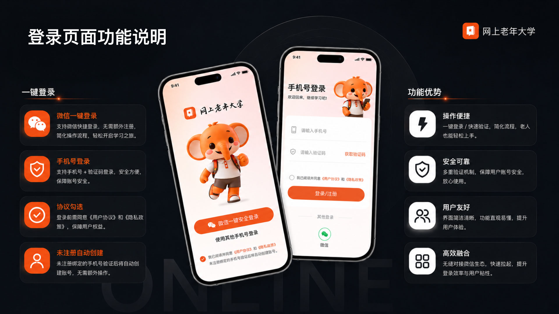 网上老年大学 APP 案例详情板块 16 登录页面功能说明